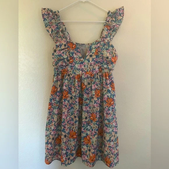 Festival Floral mini dress 🌸 Low V neck Empire waist XL - Picture 1 of 5
